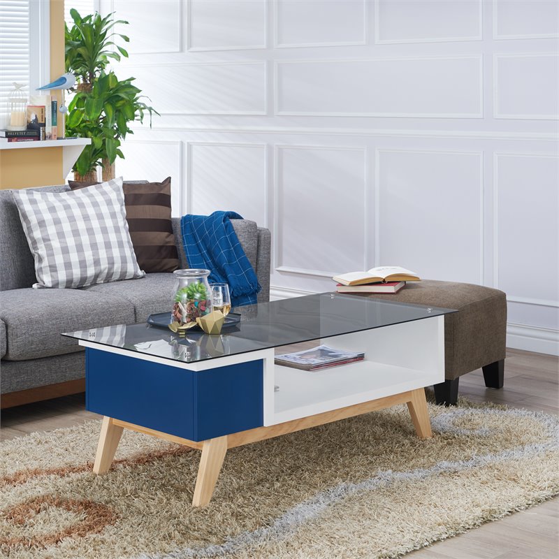 Furniture Of America Rokan Mid Century Glass Coffee Table In Navy Fgi 1798c23 - Navy Coffee Table