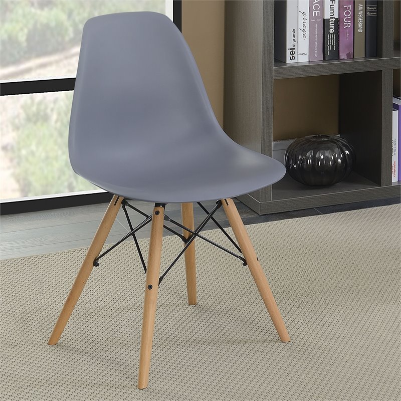 Grey plastic chair with wooden online legs