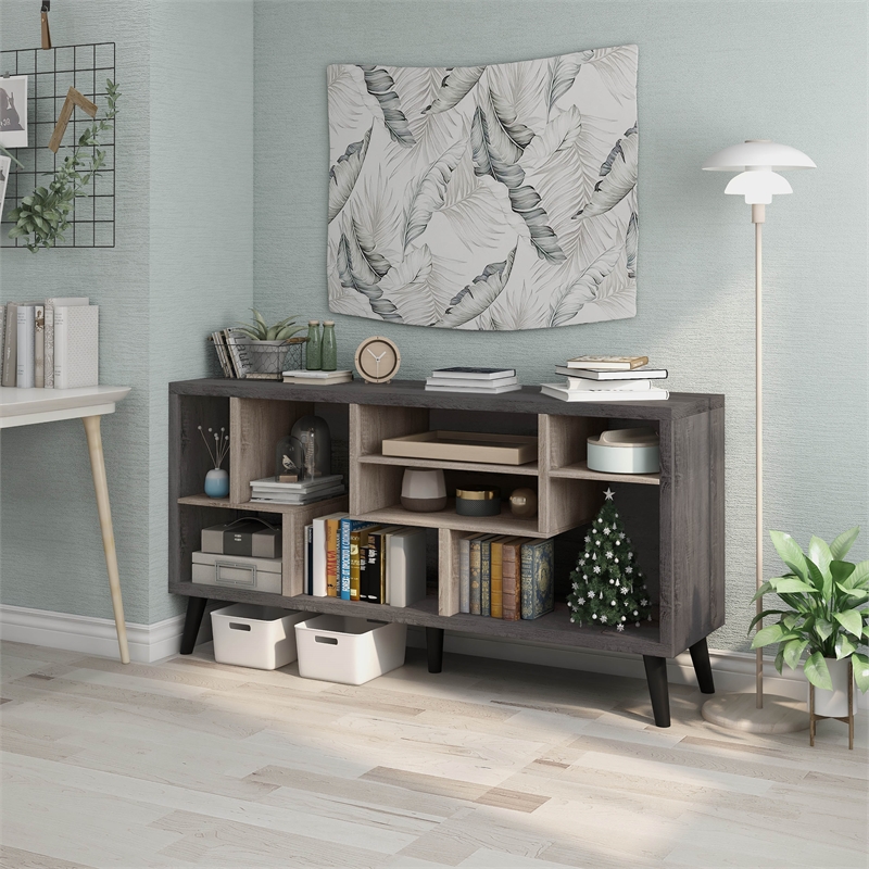 Furniture of America Nahmene Mid-Century Wood 7-Shelf TV Stand in Gray
