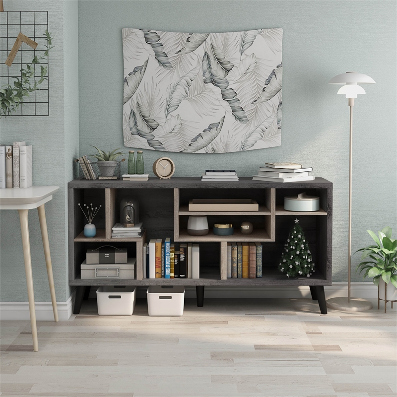 Furniture of America Nahmene Mid-Century Wood 7-Shelf TV Stand in Gray