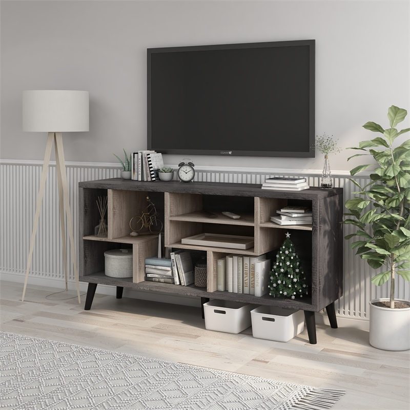 Furniture of America Nahmene Mid-Century Wood 7-Shelf TV Stand in Gray