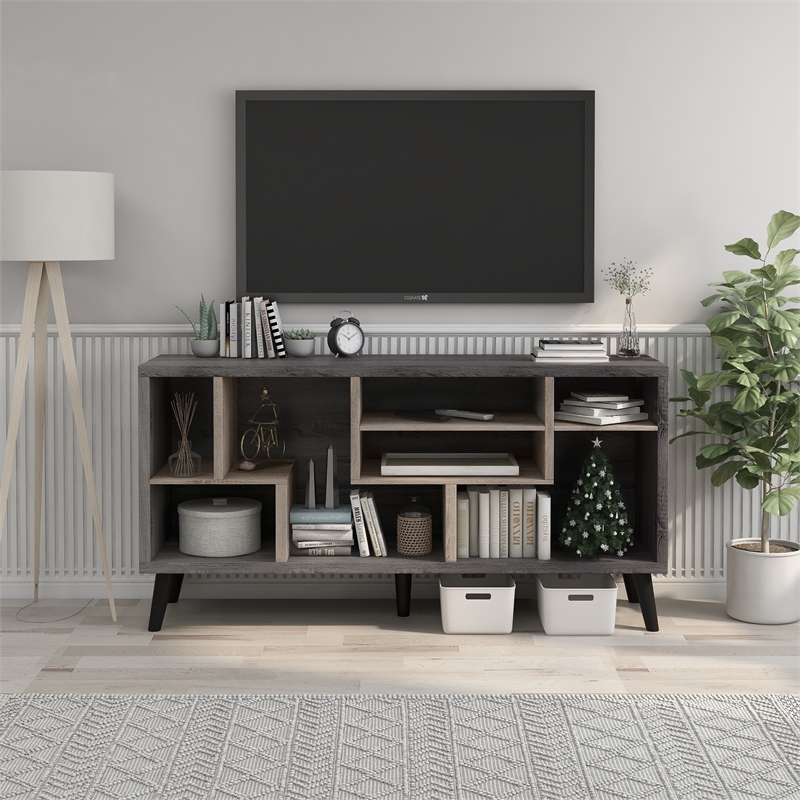 Furniture of America Nahmene Mid-Century Wood 7-Shelf TV Stand in Gray