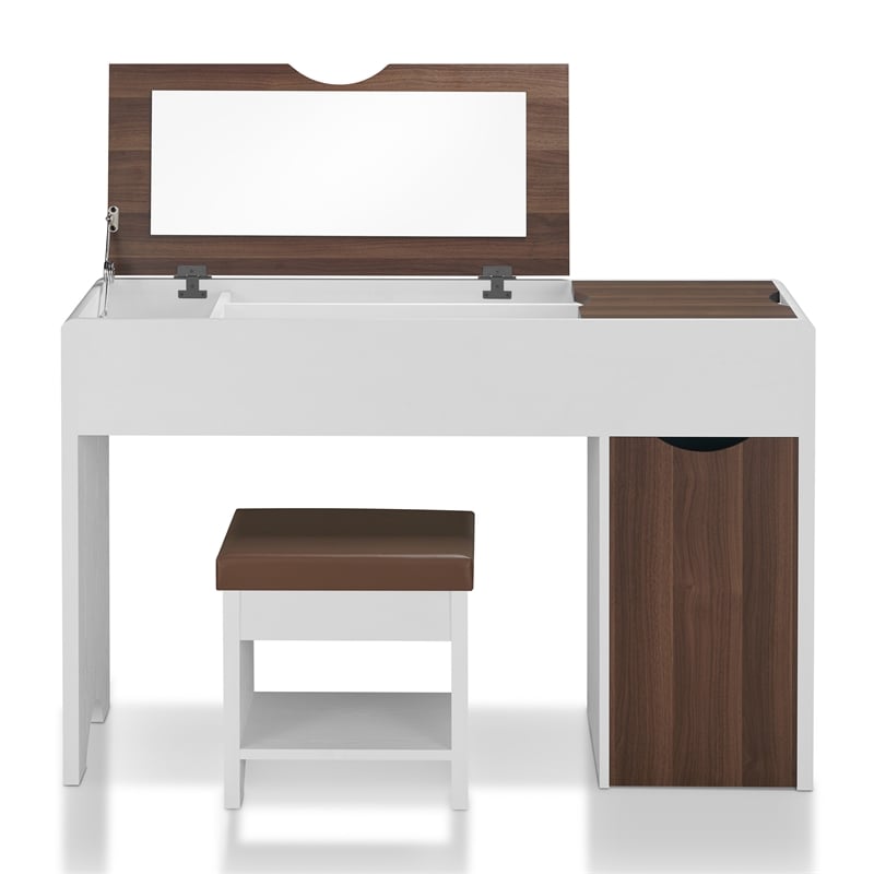 Furniture of America Caron Wood 2pc Flip-Top Vanity Table Set in White & Walnut
