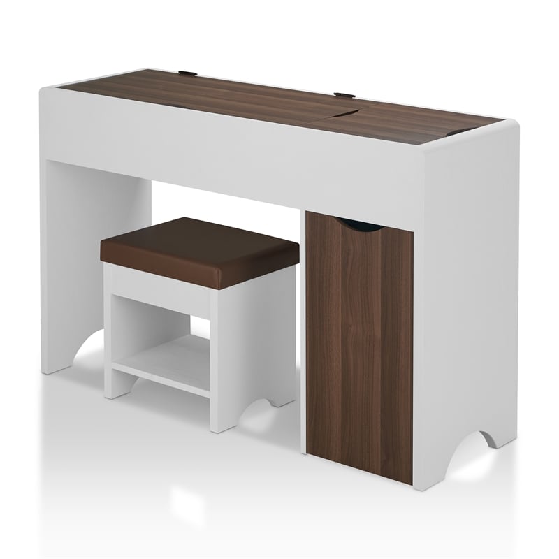 Furniture of America Caron Wood 2pc Flip-Top Vanity Table Set in White & Walnut