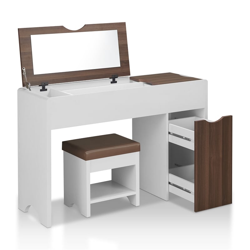 Furniture of America Caron Wood 2pc Flip-Top Vanity Table Set in White & Walnut