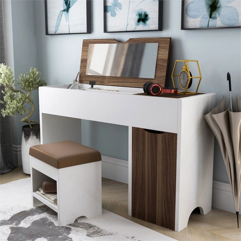 Furniture of America Caron Wood 2pc Flip-Top Vanity Table Set in White & Walnut