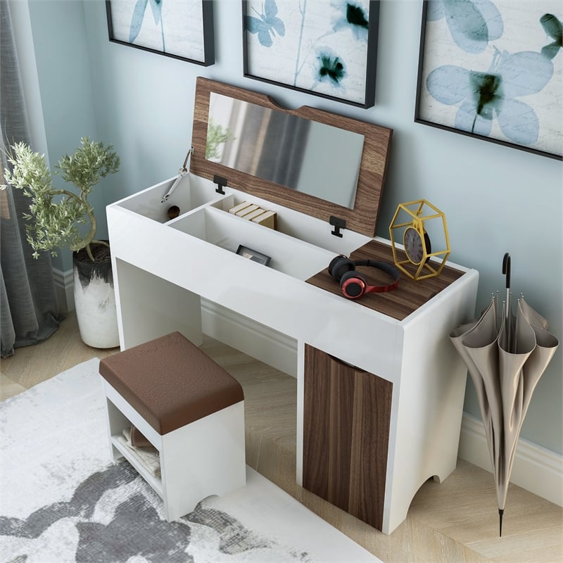 Furniture of America Caron Wood 2pc Flip-Top Vanity Table Set in White & Walnut