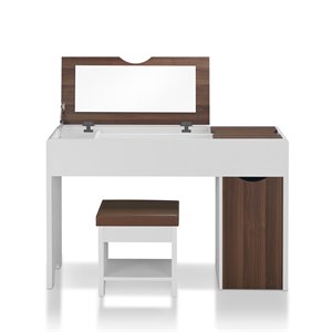 furniture of america caron wood flip-top vanity table set in white and walnut