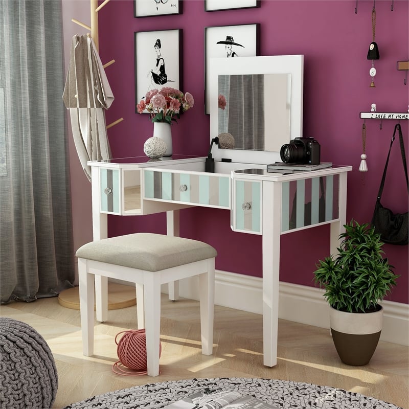 Furniture of America Modaz Wood Flip-Top 3-Piece Vanity Set in White