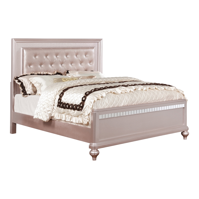 Furniture of America Appell Solid Wood Tufted Queen Panel Bed in Rose Gold