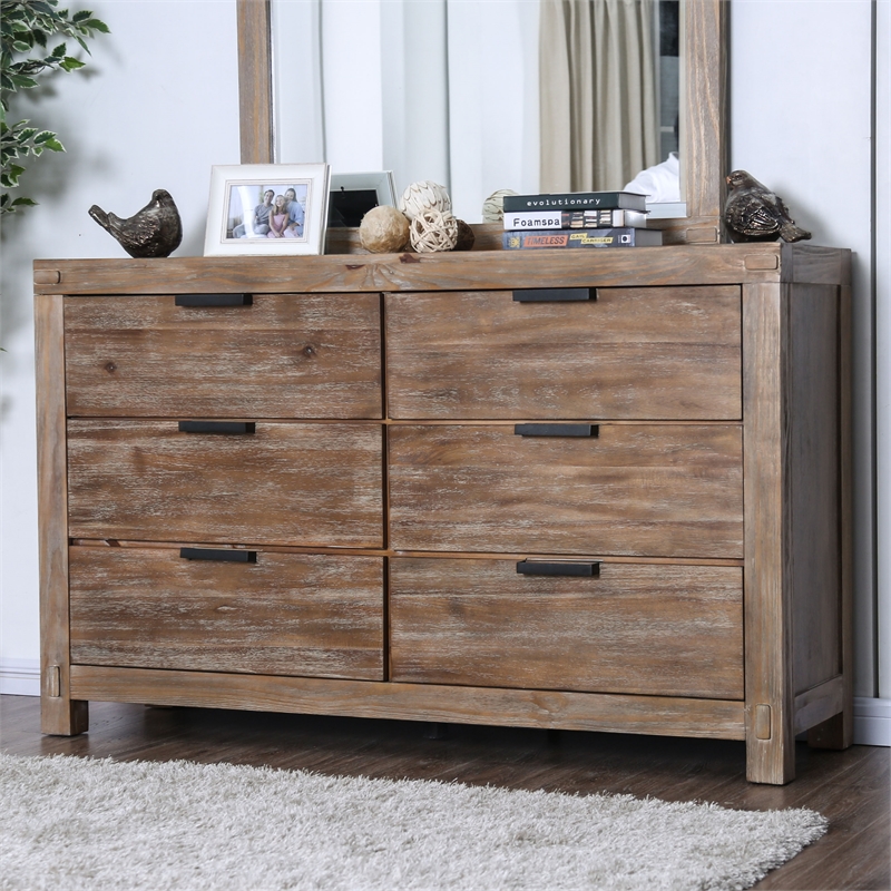 Furniture of America Russ Rustic Wood 6-Drawer Dresser in Weathered Light Oak