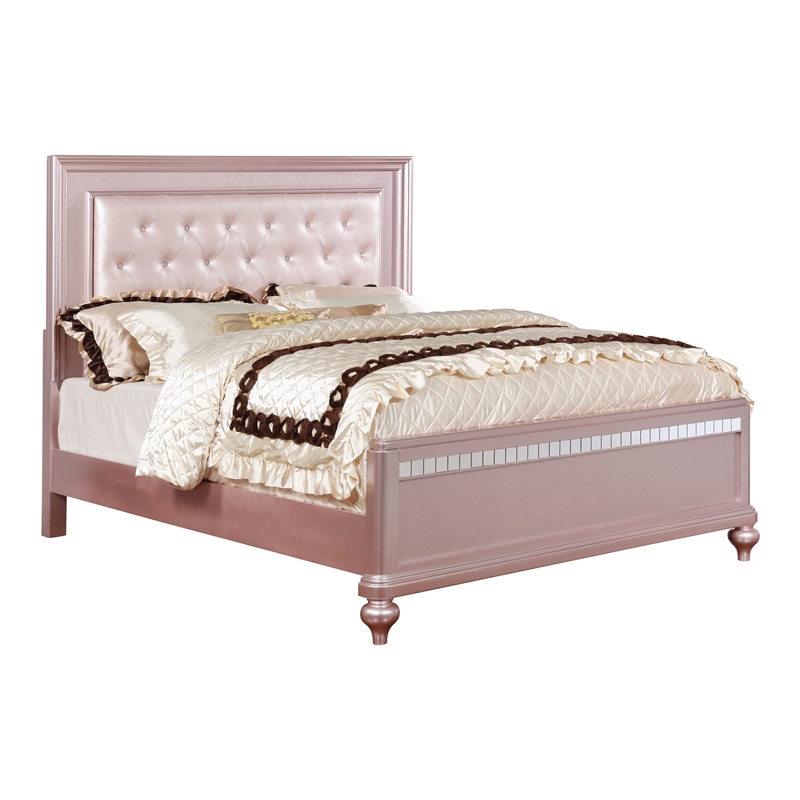 Furniture of America Appell Solid Wood Tufted Full Panel Bed in Rose Gold