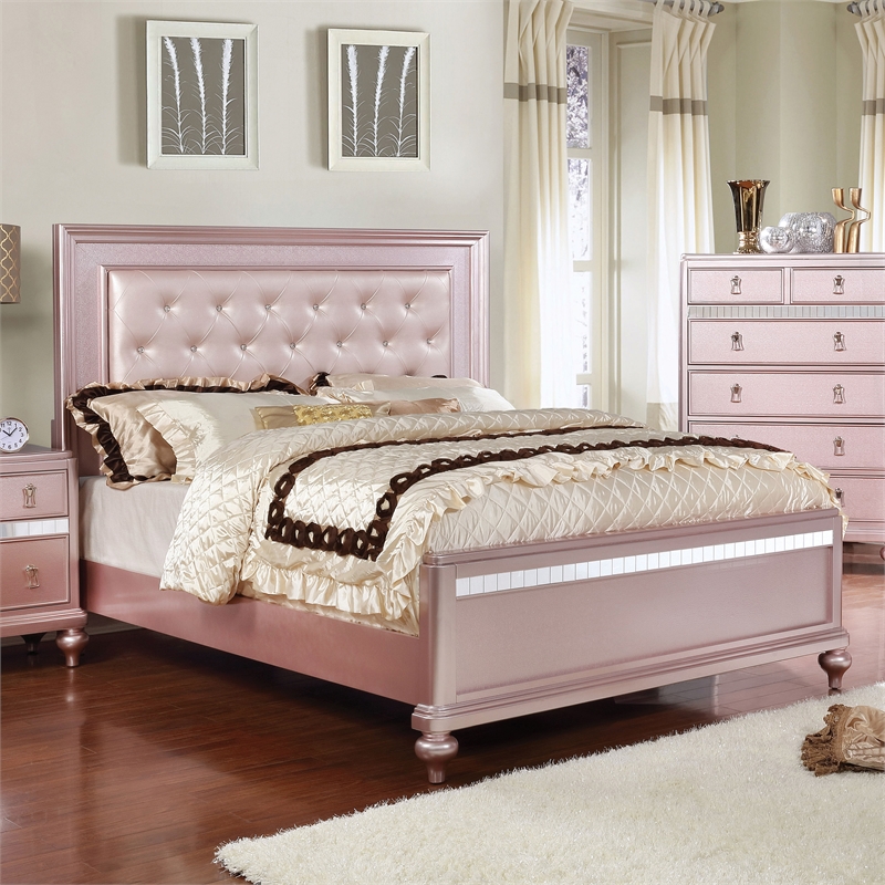 Furniture of America Appell Solid Wood Tufted Full Panel Bed in Rose Gold