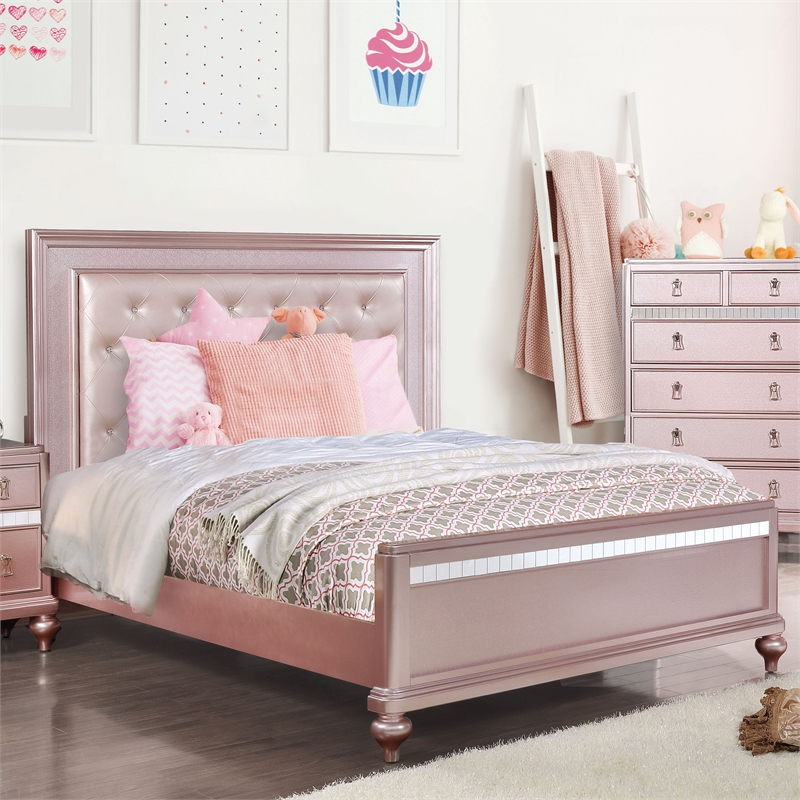 Furniture of America Appell Solid Wood Tufted Full Panel Bed in Rose Gold