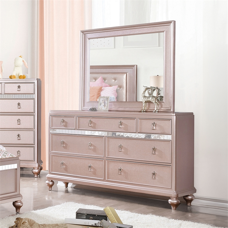 Furniture of America Appell Solid Wood 2-Piece Dresser and Mirror in Rose Gold