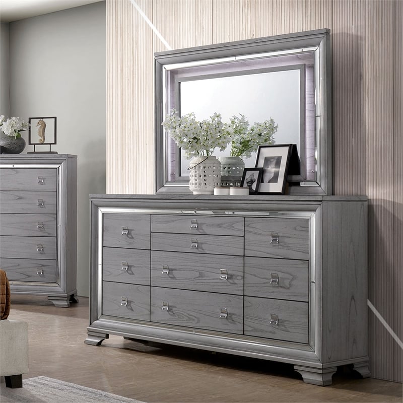 Furniture of America Hariston 2-Piece Wood Dresser and Mirror in Light Gray