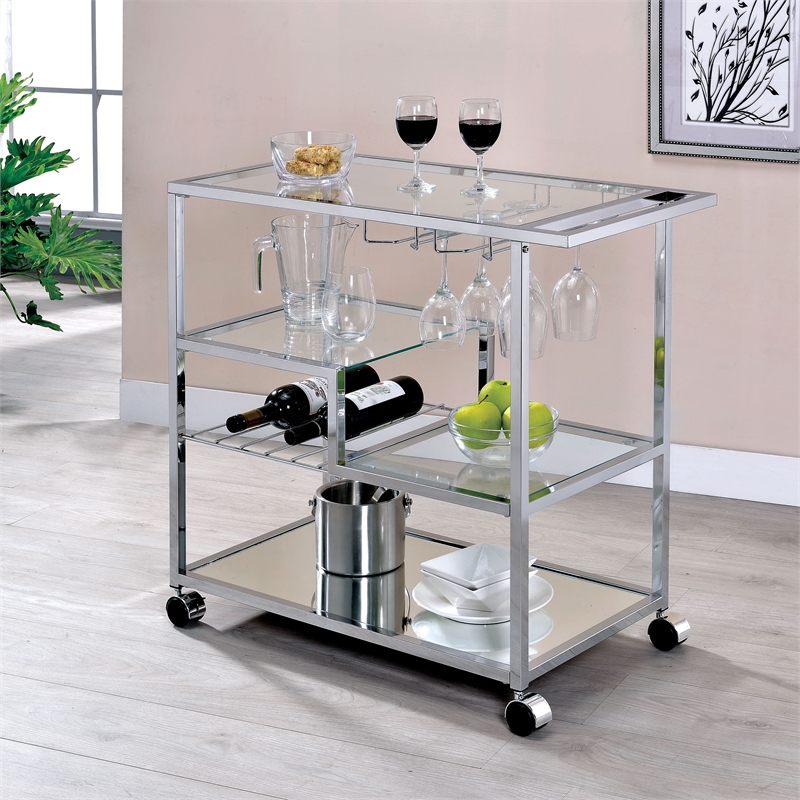 Furniture of America Kendra Contemporary Metal Bar Cart in Chrome