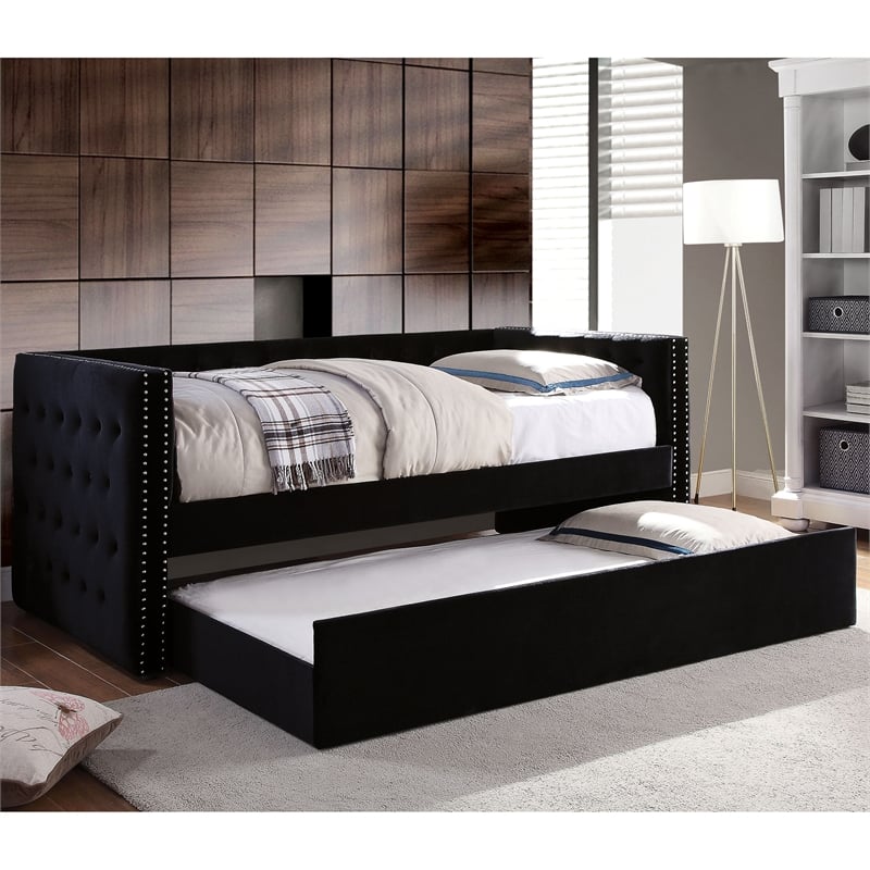 Furniture of America Marlene Contemporary Fabric Daybed with Trundle in Black