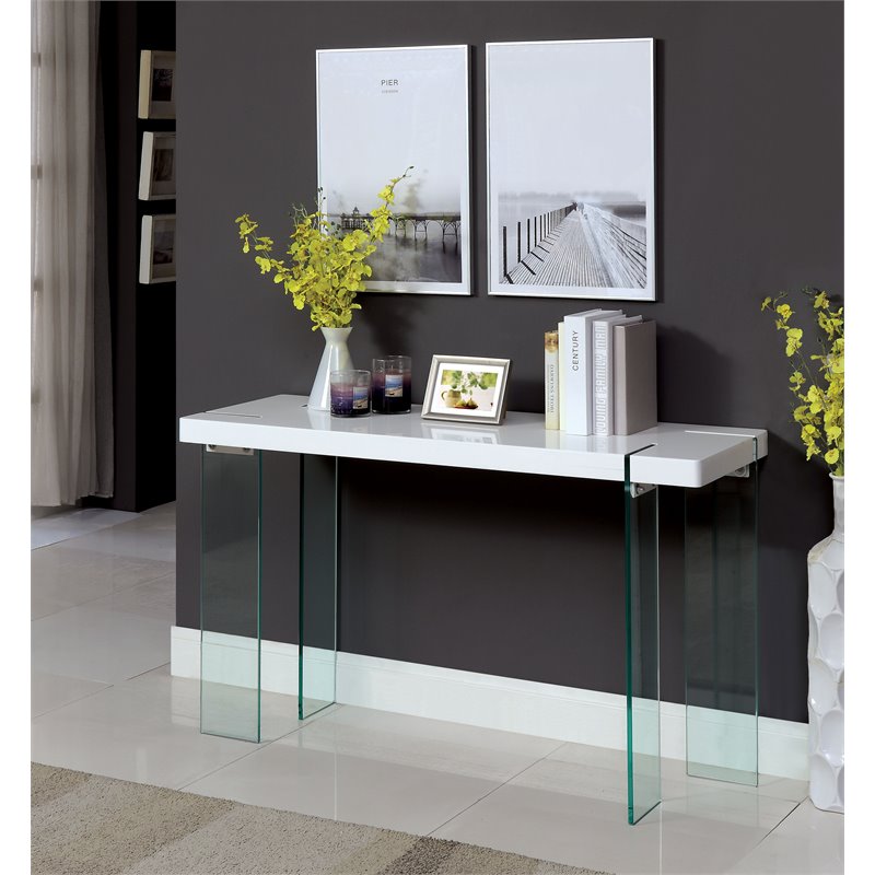 furniture of america madeford modern wood top sofa table in glossy white idf4055s