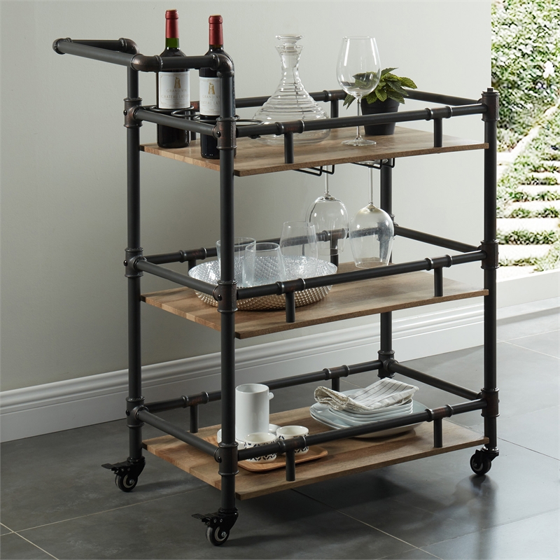 Furniture of America Byson Industrial Metal Bar Cart in Sand Black