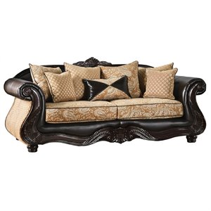 furniture of america pryer dual chenille camelback sofa in gold and espresso