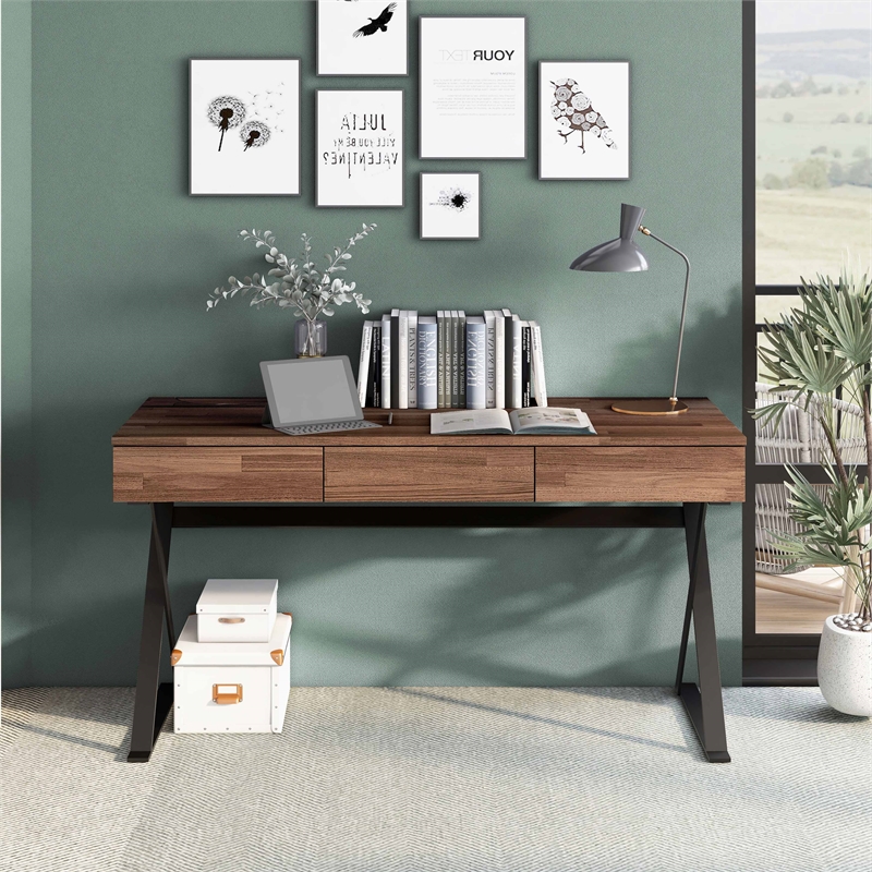 Furniture of America Riley Wood 3-Drawer Writing Desk with USB in Oak and Black