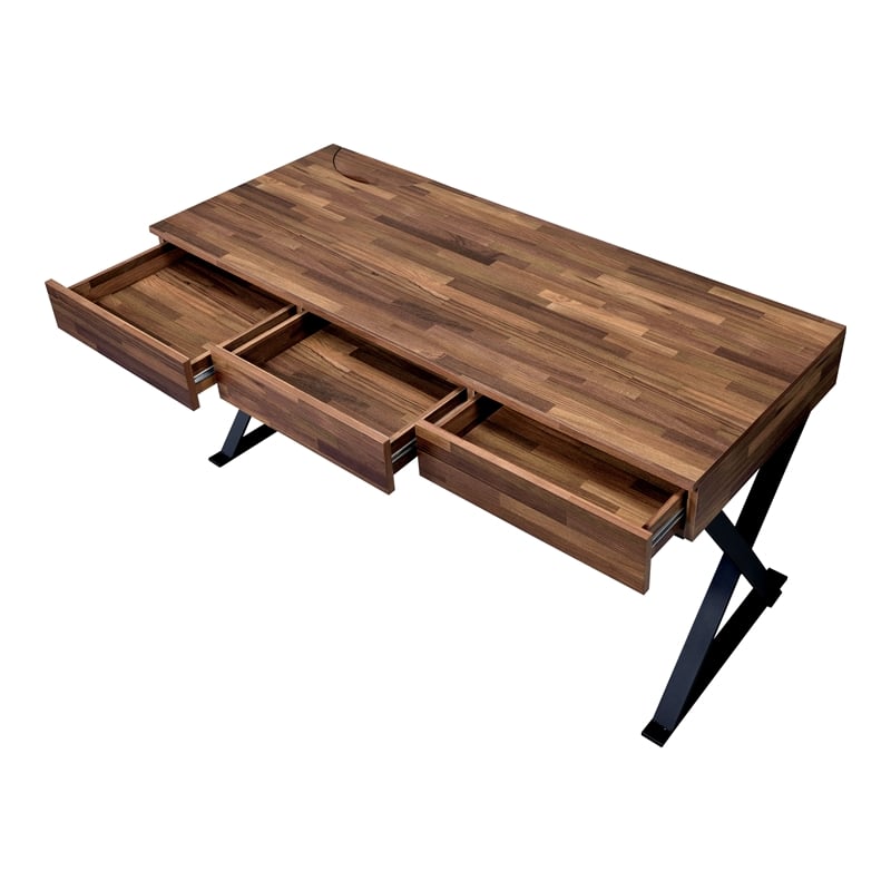 Furniture of America Riley Wood 3-Drawer Writing Desk with USB in Oak and Black