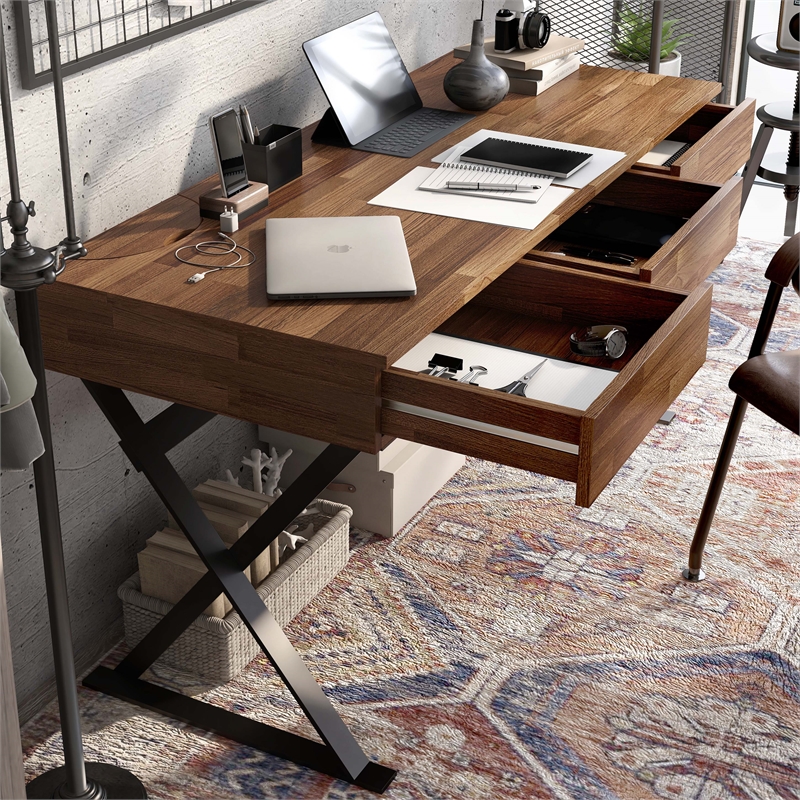 Furniture of America Riley Wood 3-Drawer Writing Desk with USB in Oak and Black