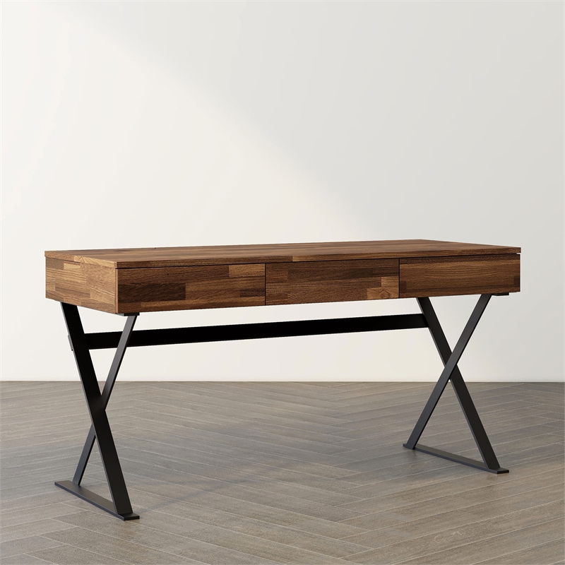 Furniture of America Riley Wood 3-Drawer Writing Desk with USB in Oak and Black