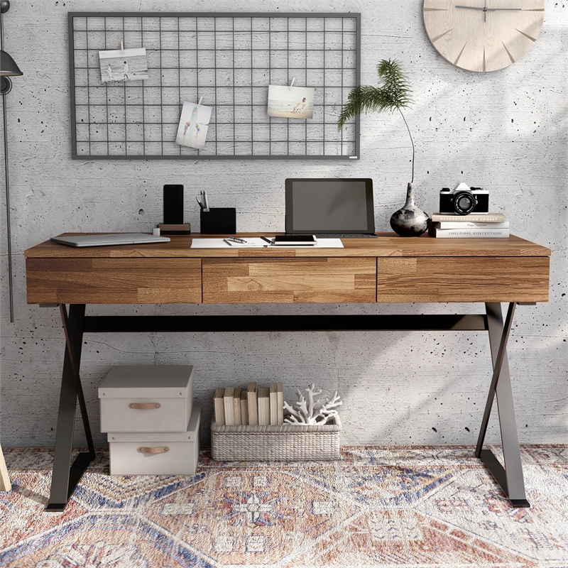 Furniture of America Riley Wood 3-Drawer Writing Desk with USB in Oak and Black