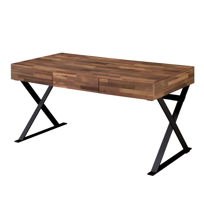 Furniture of America Riley Wood 3-Drawer Writing Desk with USB in Oak and Black