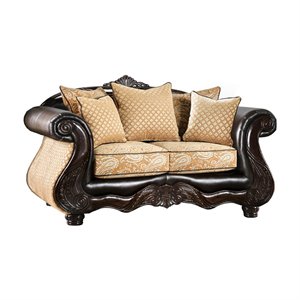 furniture of america pryer dual chenille camelback loveseat in gold and espresso