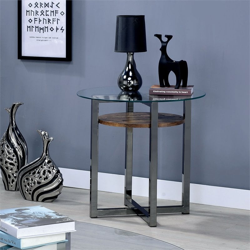 Furniture of America Barker Industrial Glass Top End Table in Black Chrome