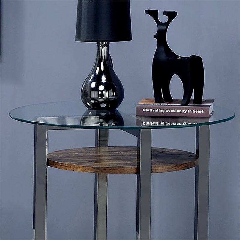Furniture of America Barker Industrial Glass Top End Table in Black Chrome
