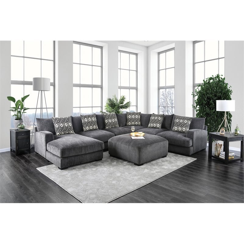 Furniture of America Turnstein Contemporary Chenille Square Ottoman in Gray