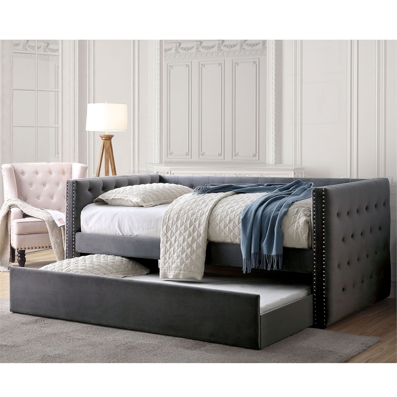 Furniture of America Marlene Contemporary Fabric Daybed with Trundle in Gray