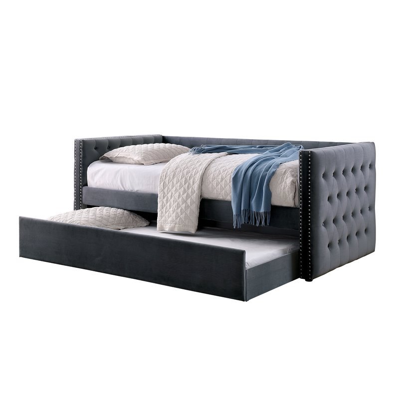 Furniture of America Marlene Contemporary Fabric Daybed with Trundle in Gray
