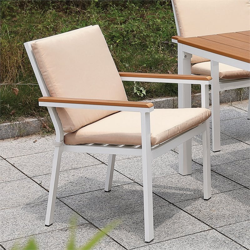 Furniture of America Tinna Aluminum Patio Arm Chair in White and Oak (Set of 2)