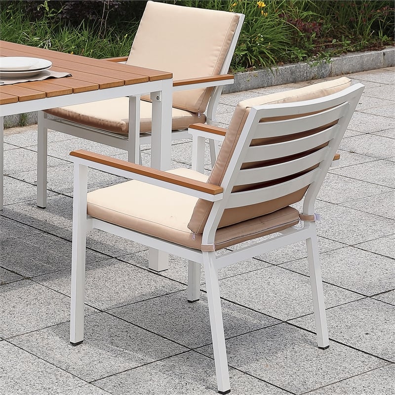 Furniture of America Tinna Aluminum Patio Arm Chair in White and Oak (Set of 2)