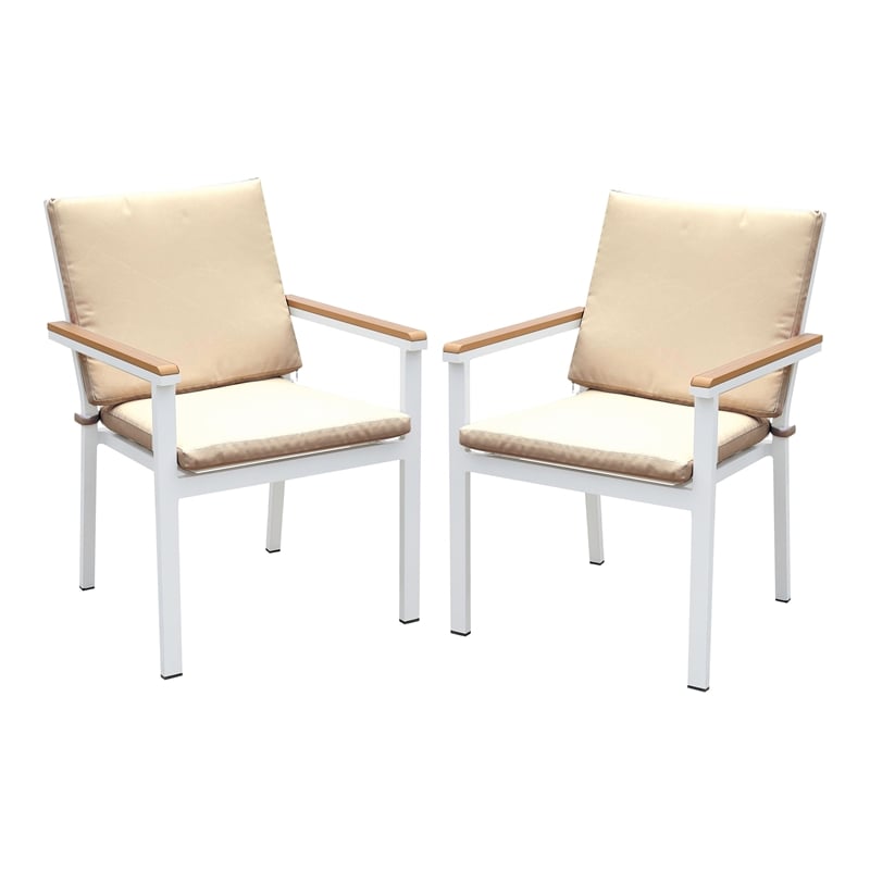 Furniture of America Tinna Aluminum Patio Arm Chair in White and Oak (Set of 2)