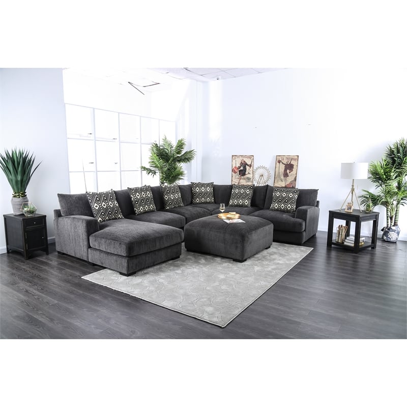 Furniture of America Turnstein Contemporary Chenille U-Shape Sectional in Gray