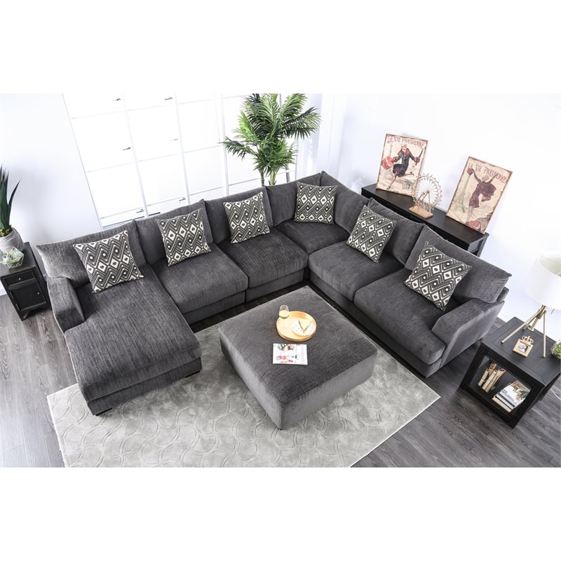 Furniture of America Turnstein Contemporary Chenille U-Shape Sectional in Gray