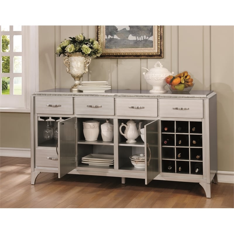 Furniture of America Desi Wood Dining Buffet Cabinet with Wine Rack in Silver