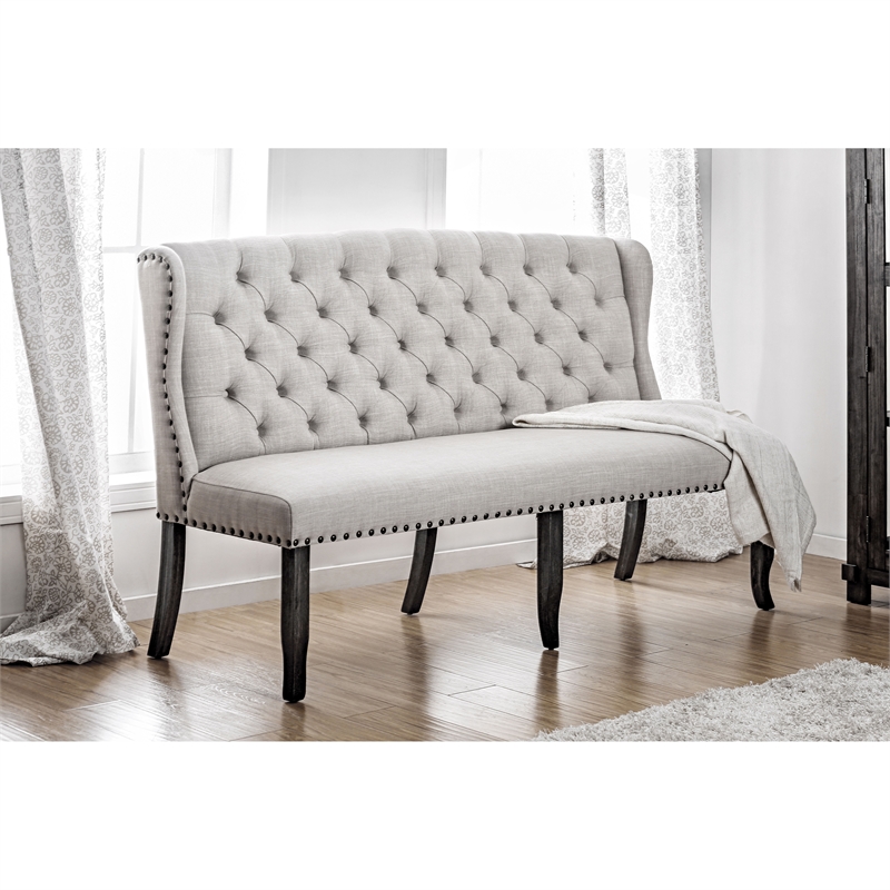 Furniture of America Sinuata Fabric Tufted 3-Seater Loveseat Bench in Beige