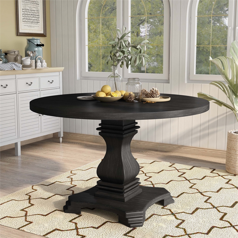 Furniture of America Kabini Wood Round Pedestal Dining Table in Antique Black