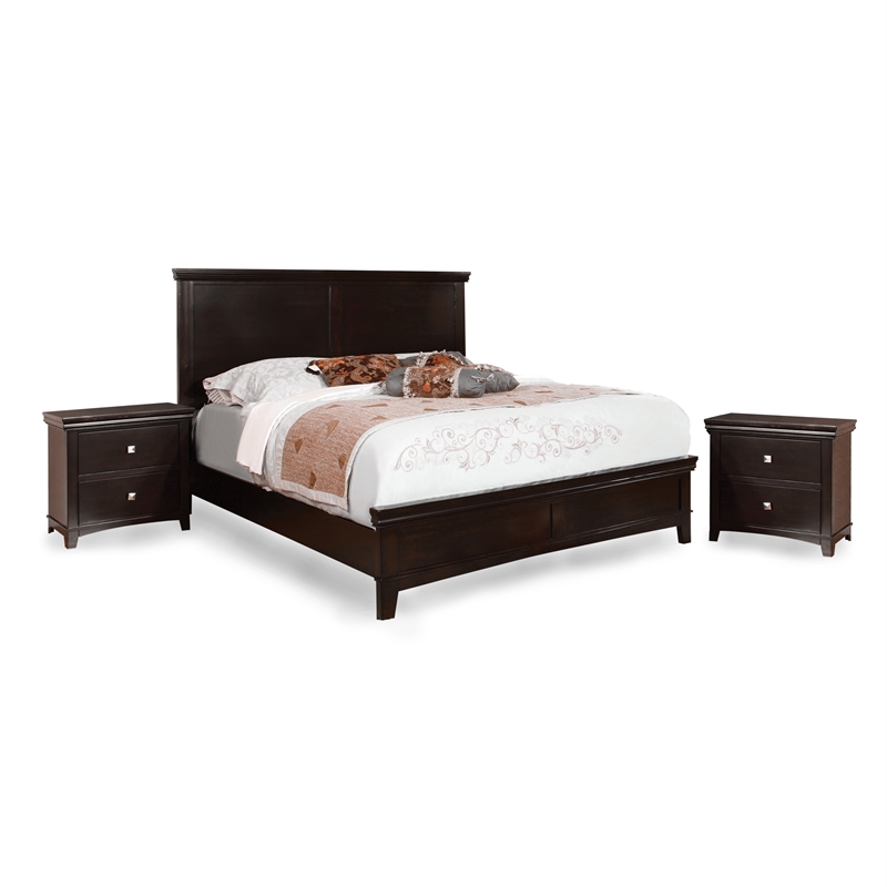 Foa Brighton 3pc Espresso Solid Wood Bedroom Set Queen 2 Nightstands