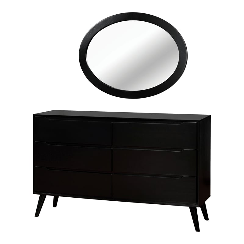 FOA Belkor 4pc Black Wood Bedroom Set - Cal King+Nightstand+Dresser+Oval Mirror