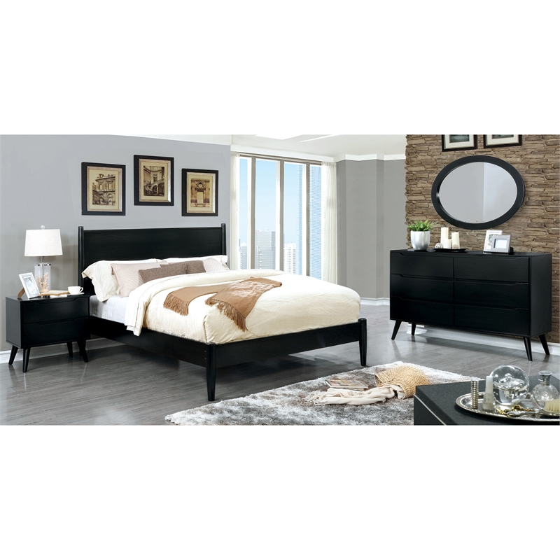 FOA Belkor 4pc Black Wood Bedroom Set-King + Nightstand + Dresser + Oval Mirror