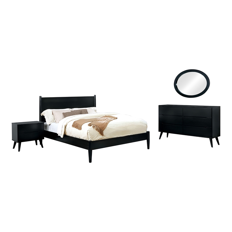 FOA Belkor 4pc Black Wood Bedroom Set - Queen+Nightstand+Dresser+Oval Mirror