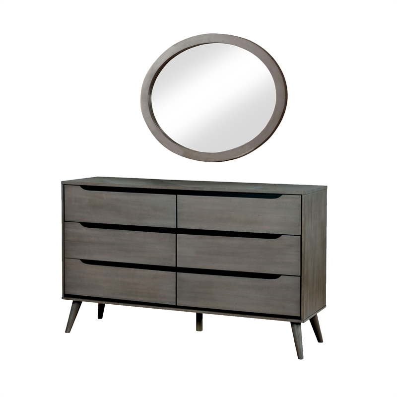 FOA Belkor 4pc Gray Wood Bedroom Set - Cal King+Nightstand+Dresser+Oval Mirror